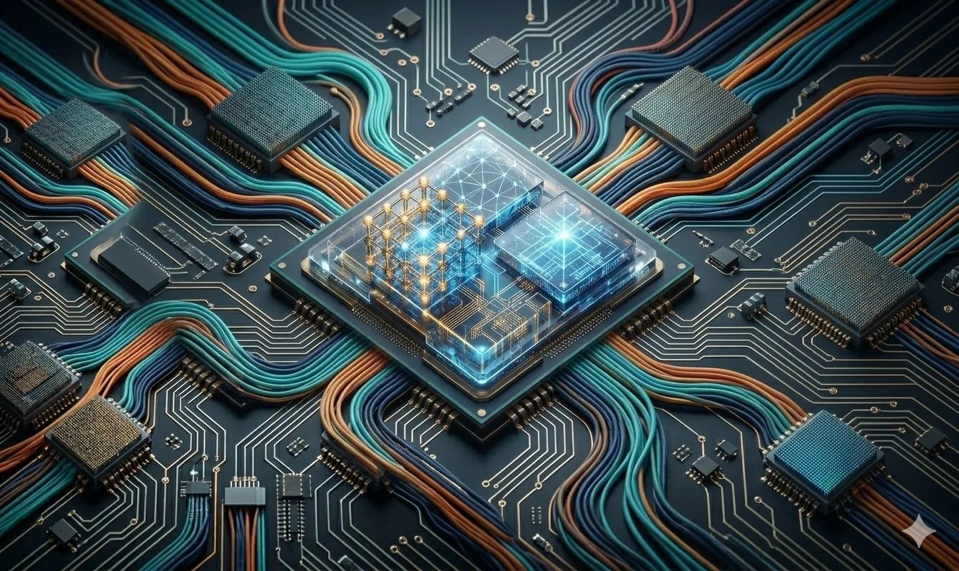 A glowing AI processor at the centre of a circuit board